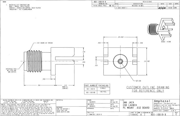 The mechanical drawing for the SMA jack Connector mechanical drawing